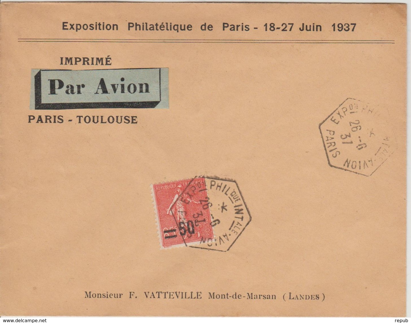 France 1937 Expo Paris 1937 Oblitération Avion - 1927-1959 Covers & Documents