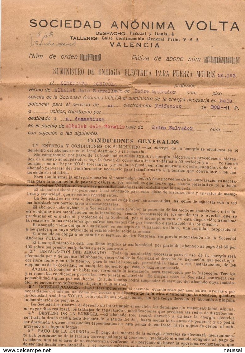 Papel De Suminstro De Energia Electrica De 1929  Valencia. - Espagne