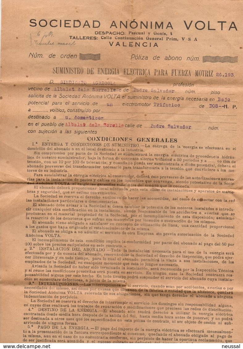 Papel De Suminstro De Energia Electrica De 1929  Valencia. - España