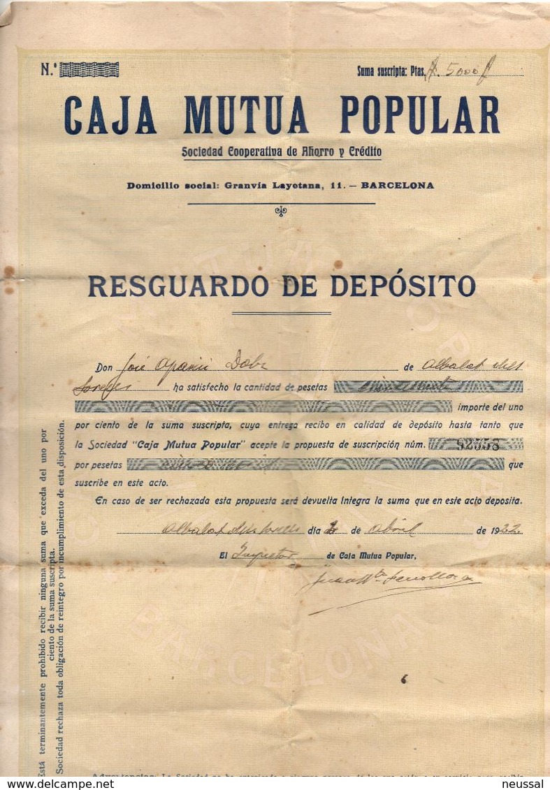 Papel De Resguardo De Deposito De Caja Mutua Popular De 1922 - España