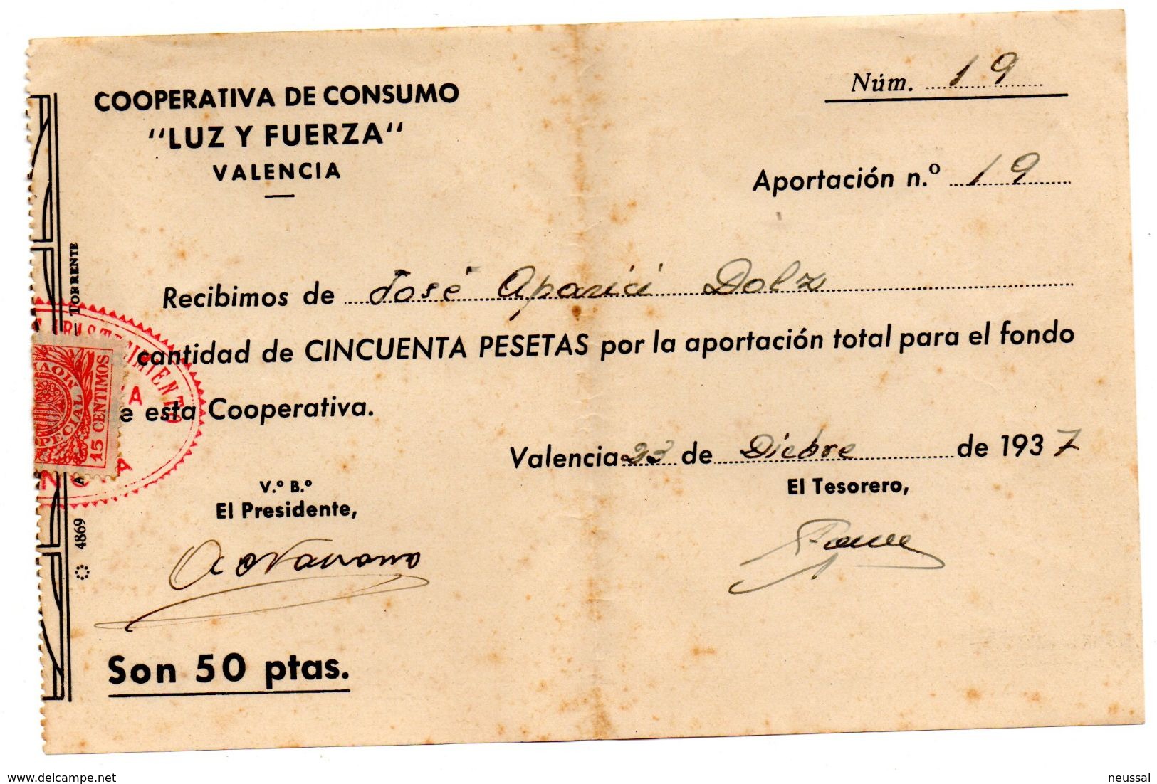 Recibo De Cooperativa De Consumo Luz Y Fuerza De 1937 - Espagne