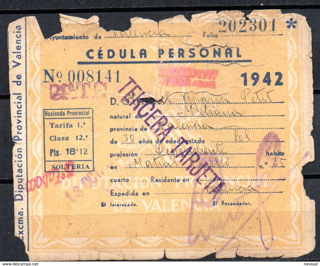 Cedula Personal  Valencia De 1942 - Spain