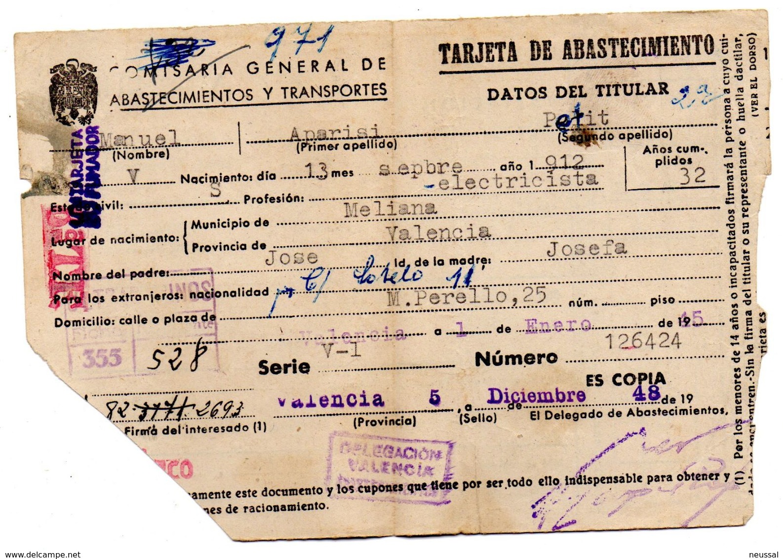 Tarjeta De Abastecimiento  Y Transportes De 1948 - Espagne