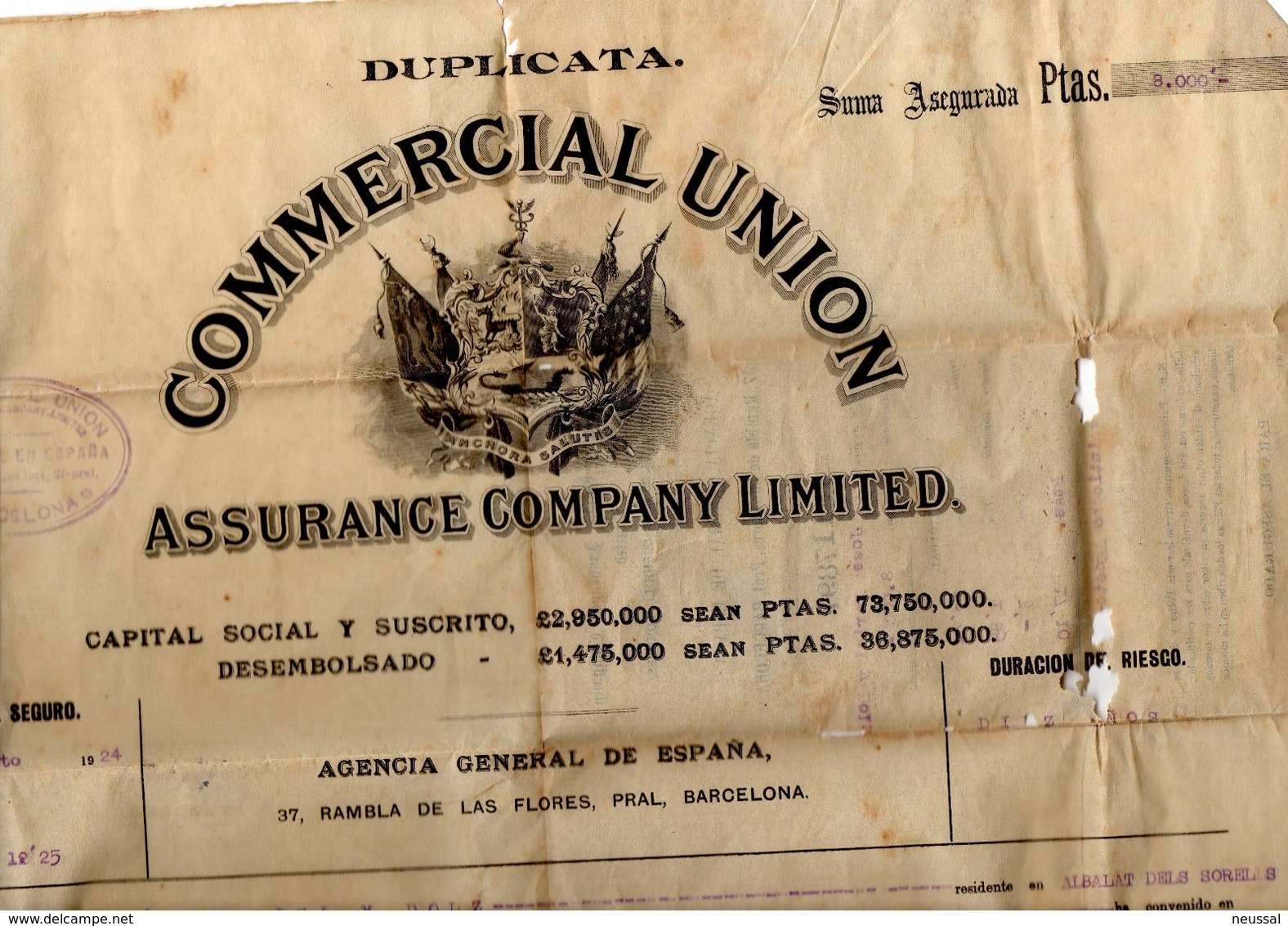 Papel Hoja De Assegurance Company Limited, Union Comercial De 1925 - España