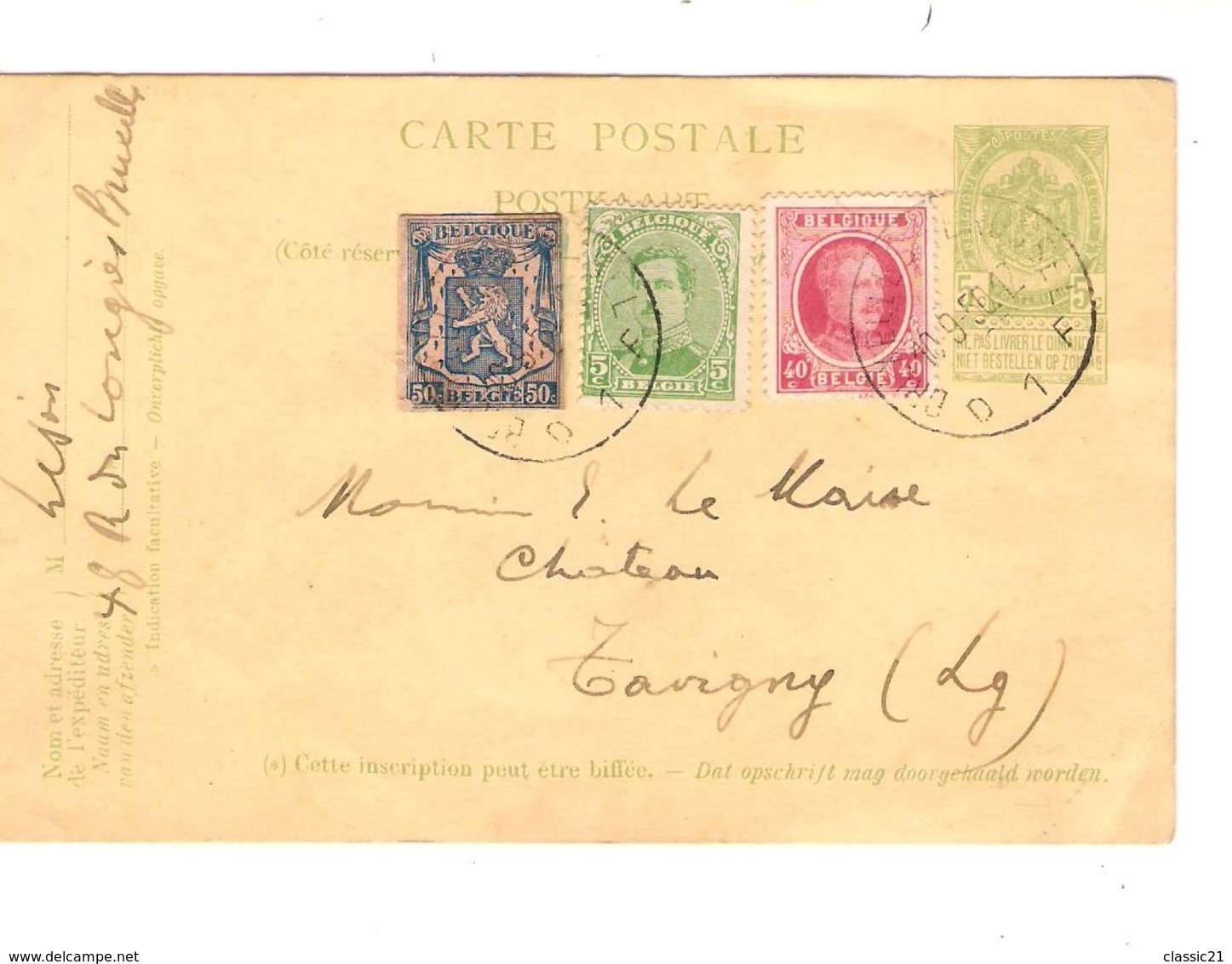 Entier CP 37 + TP 137-202-découpure D'entier 125 Utilisé En 1950 Hors Cours C.Bruxelles 10/9/1950 V.Tavigny 1783 - Cartes Postales 1871-1909