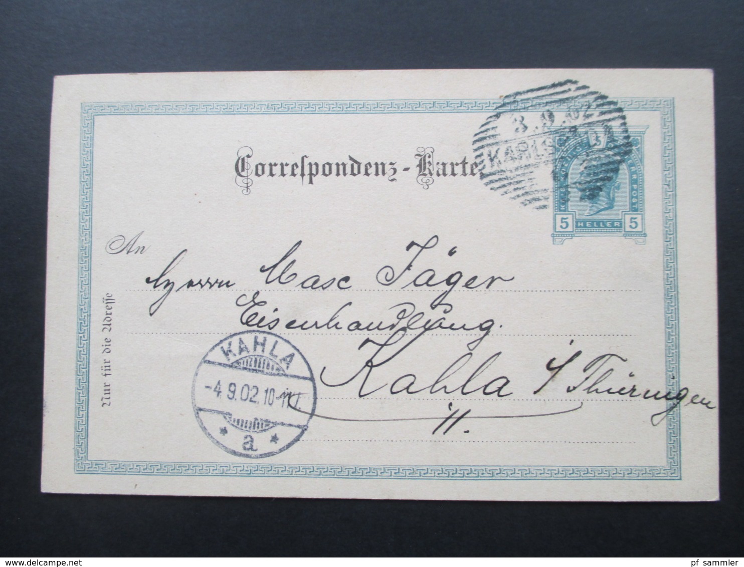 Österreich 1902 Ganzsache Strichstempel Karlsbad Gesndet Nach Kahla In Thüringen. Eisenhandlung - Brieven En Documenten