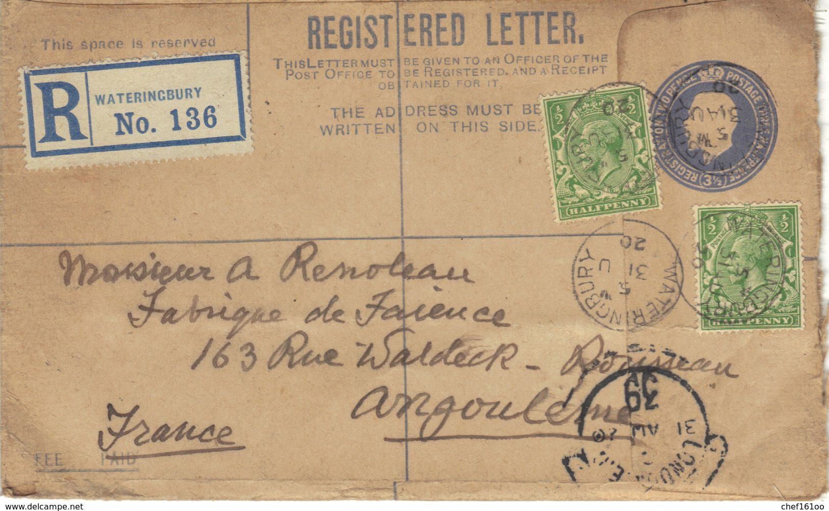 Grande-Bretagne : Postal Stationary, Registered Letter From Wateringbury To Angoulême (France), 1926. - Material Postal