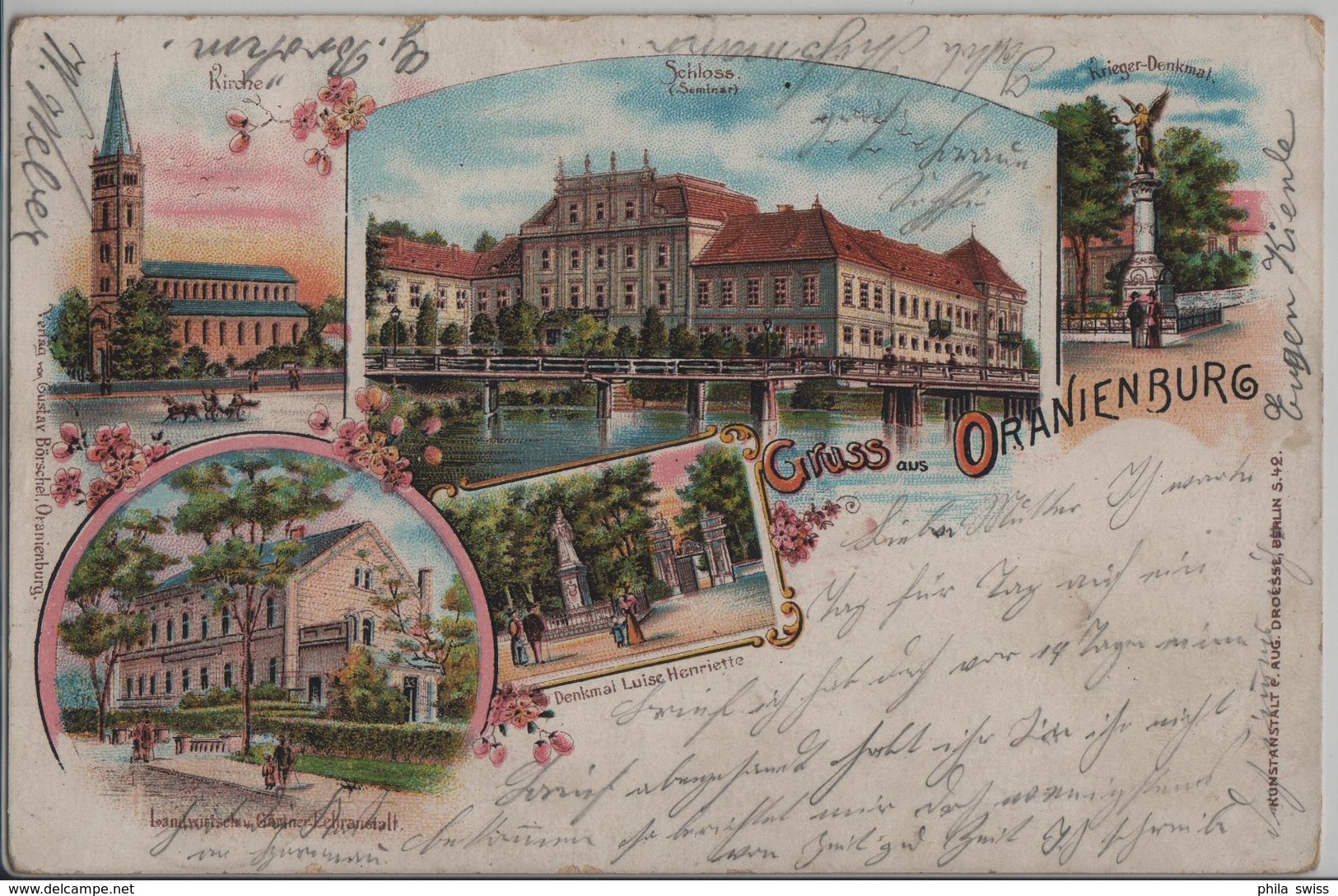 Gruss Aus Oranienburg - Kirche, Schloss, Denkmal Luise Henriette, Krieger-Denkmal, Lehranstalt - Lithographie Litho - Oranienburg