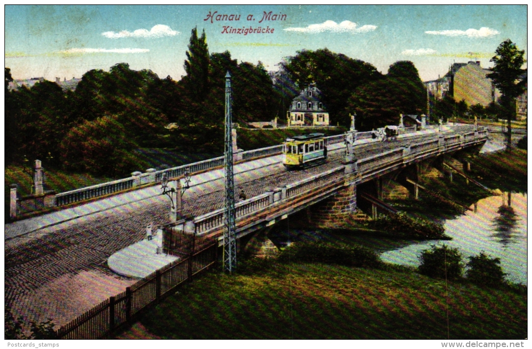 Hanau, Kinzigbrücke Mit Strassenbahn, Feldpost 1917 Aus Grossauheim - Hanau