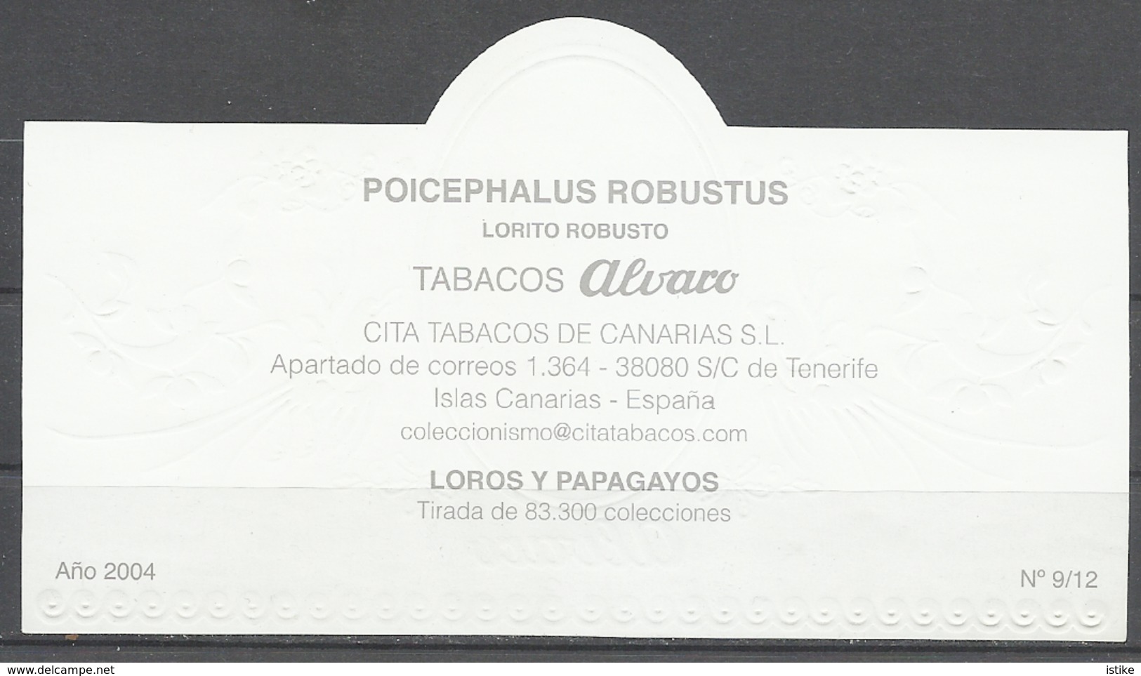Spain,Alvaro Tobacos Lorito Robusto, Poicephalus Robustus, 2004. - Labels