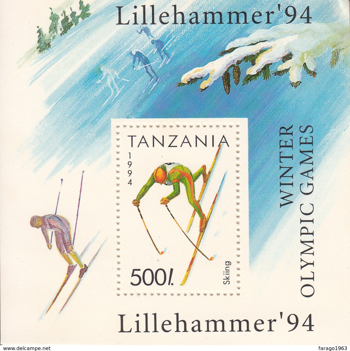 1994 Tanzania  Winter Olympics Lillehammer Skiing  Vultures  Souvenir Sheet MNH - Tanzania (1964-...)