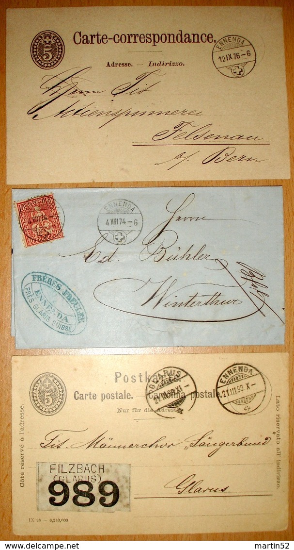 Helvetia 1867: Zu 38 Mi 30 Yv 43 - 10c Rot Auf Brief Mit O ENNENDA 4.VIII.74 & 2 Karten Mit O Von ENNENDA 1876 & 1899 - Briefe U. Dokumente
