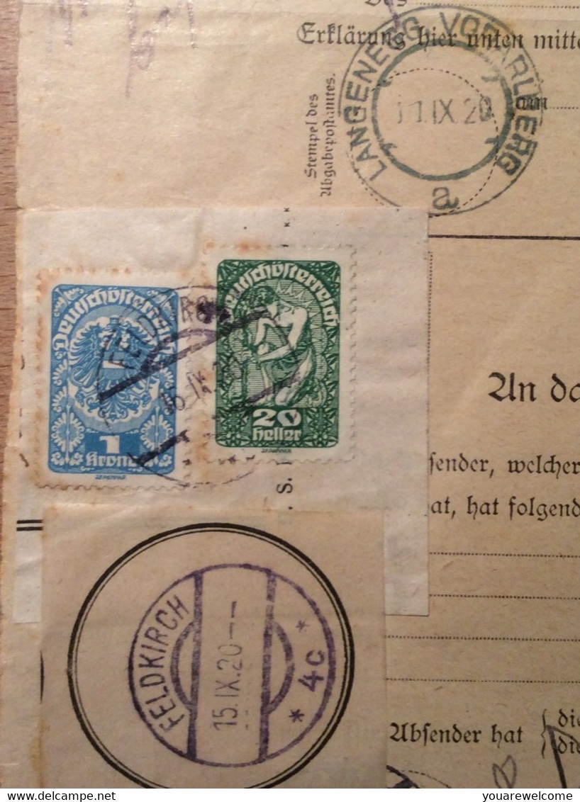 Österreich 1920 Postformular RÜCKMELDUNG UNBESTELLBARE FAHRPOSTSENDUNGEN (UPU LANGENEGG VORARLBERG BRIEF COVER FELDKIRCH - Briefe U. Dokumente