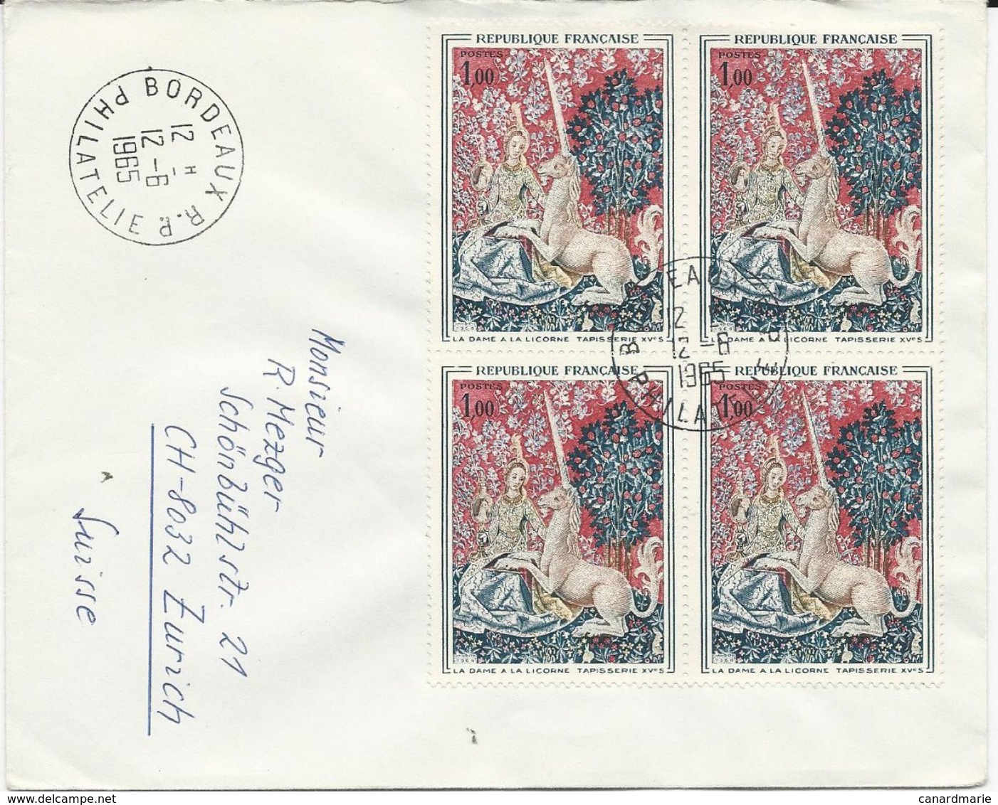 LETTRE 1965 POUR LA SUISSE AVEC BLOC DE 4 TIMBRES A 1 FR TAPISSERIE DAME A LA LICORNE - 1961-....