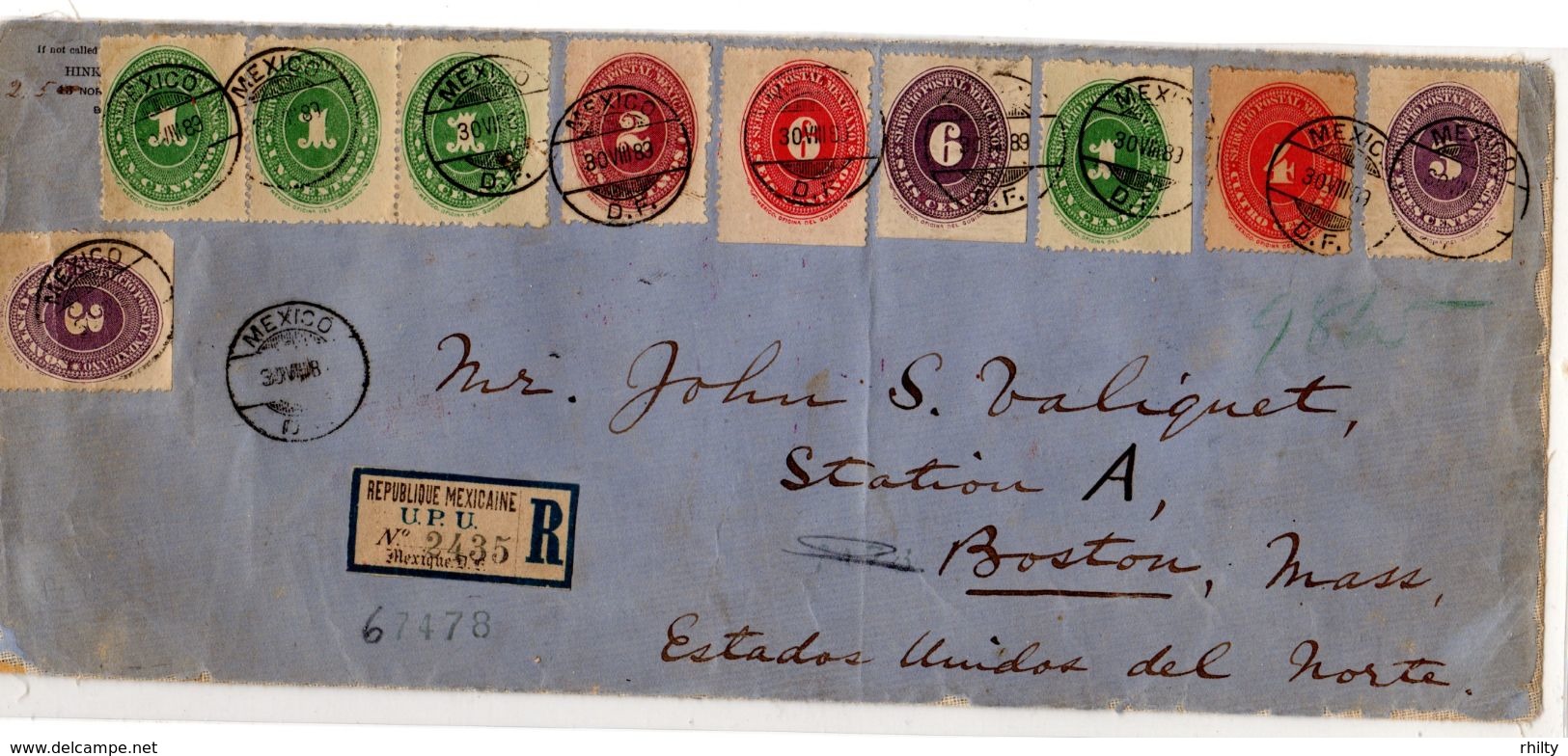 Mexico 1889  Numerals Scott 174x5,175,176x2,179,185, And 186 On Large Registered Cover To Boston. - Mexico