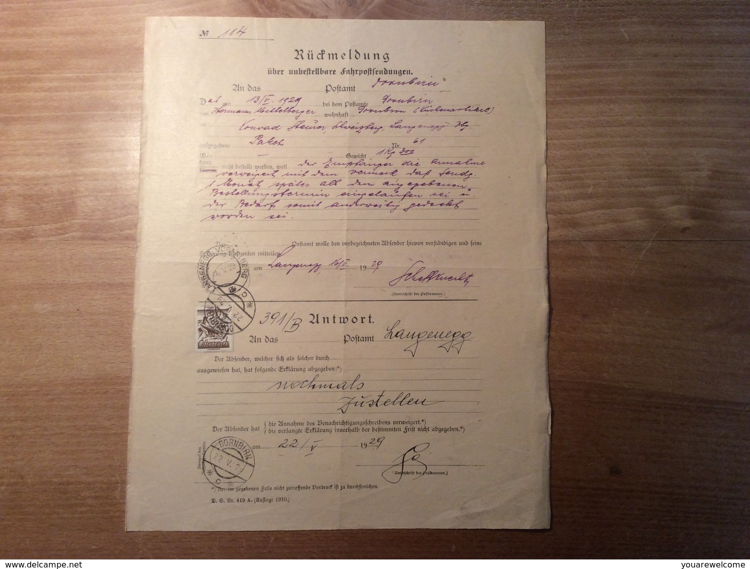 Österreich 1929 Postformular RÜCKMELDUNG UNBESTELLBARE FAHRPOST (UPU DORNBIRN LANGENEGG VORARLBERG BRIEF COVER FELDKIRCH - Briefe U. Dokumente