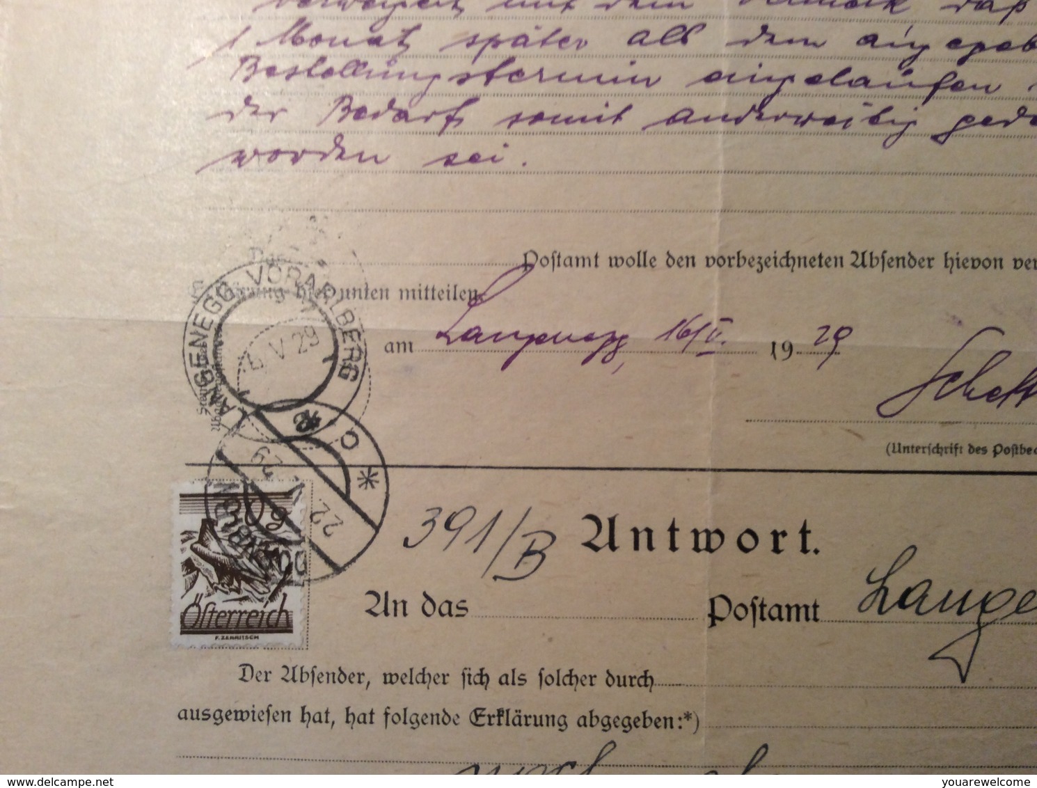 Österreich 1929 Postformular RÜCKMELDUNG UNBESTELLBARE FAHRPOST (UPU DORNBIRN LANGENEGG VORARLBERG BRIEF COVER FELDKIRCH - Briefe U. Dokumente