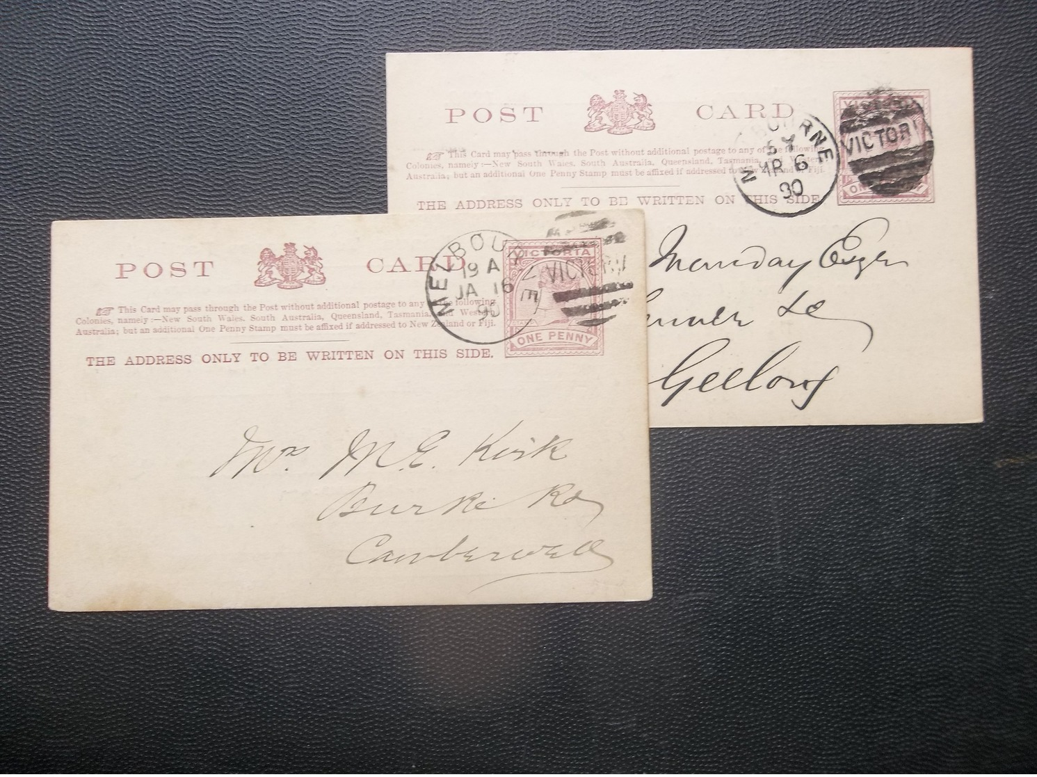 Victoria, Australia: 2 X 1890 Postal Card To Geelony, Etc. (#VB10) - Covers & Documents