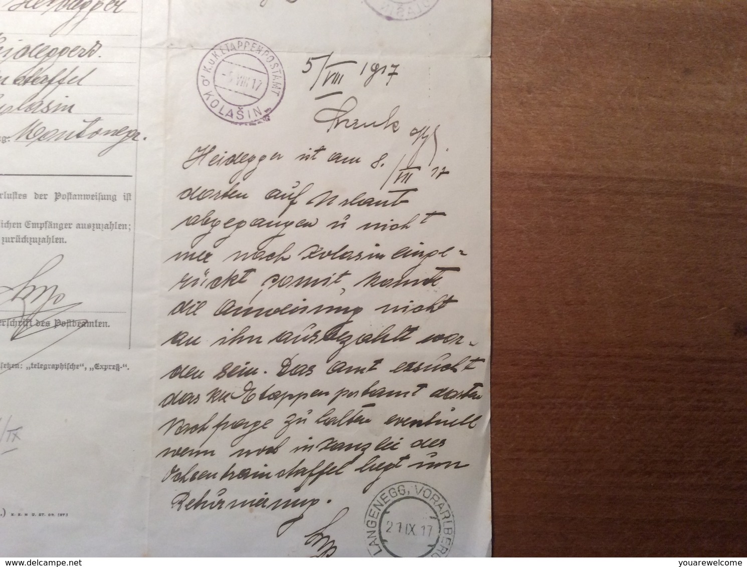 Österreich 1917 Postformular FRAGESCHREIBEN POSTANWEISUNG (FELDPOST KOLASIN MONTENEGRO  BRIEF - Briefe U. Dokumente