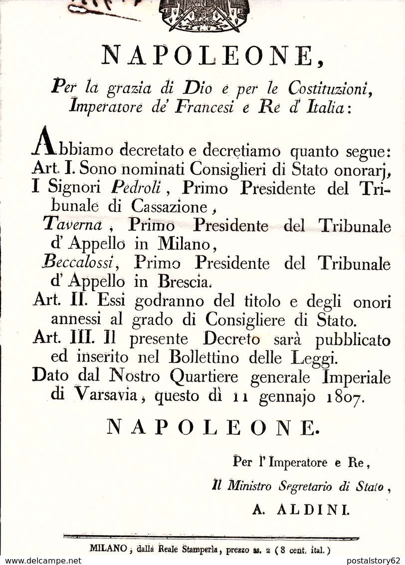 Napoleone, Regno D'Italia. Decreto Di Nomina A Consiglieri Di Stato Onorari. Anno 1807 - Decreti & Leggi