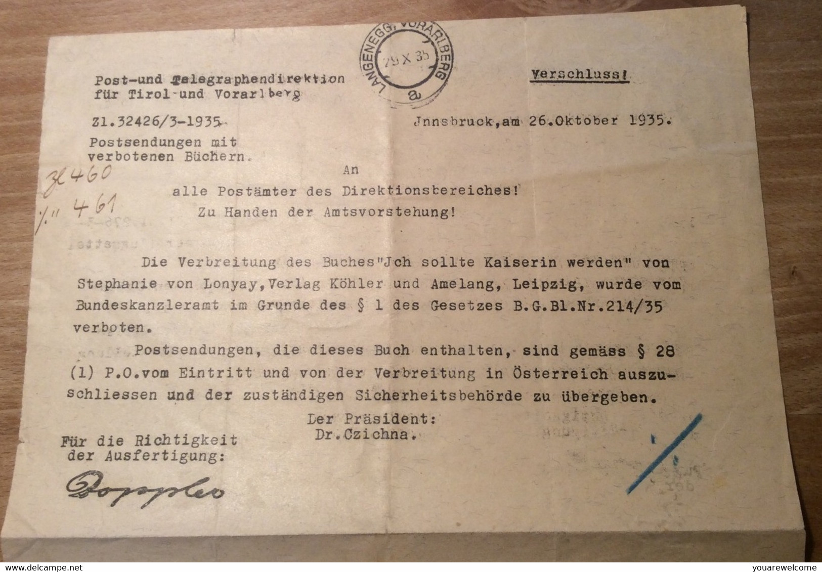 Österreich 1935 Postformular ZENSUR VERBOTENE BÜCHER (Langenegg Tirol Vorarlberg   BRIEF - Storia Postale