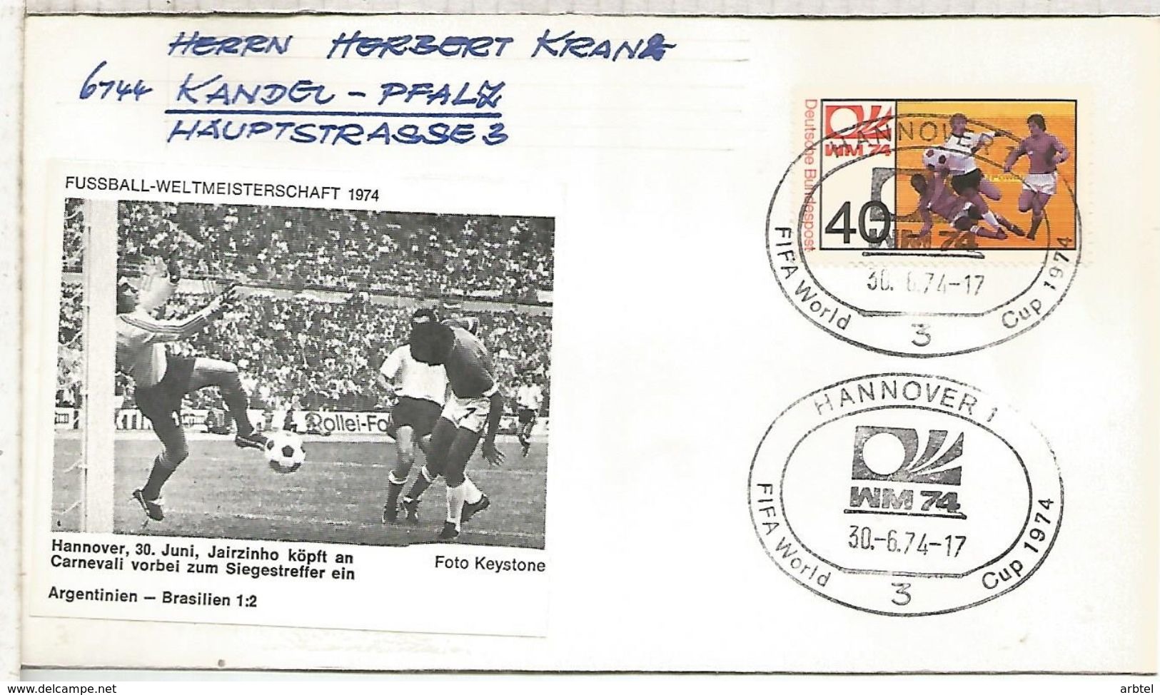 ALEMANIA 1974 FDC HANNOVER COPA MUNDIAL DE FUTBOL FOOTBALL WORLD CUP - 1974 – Alemania Occidental