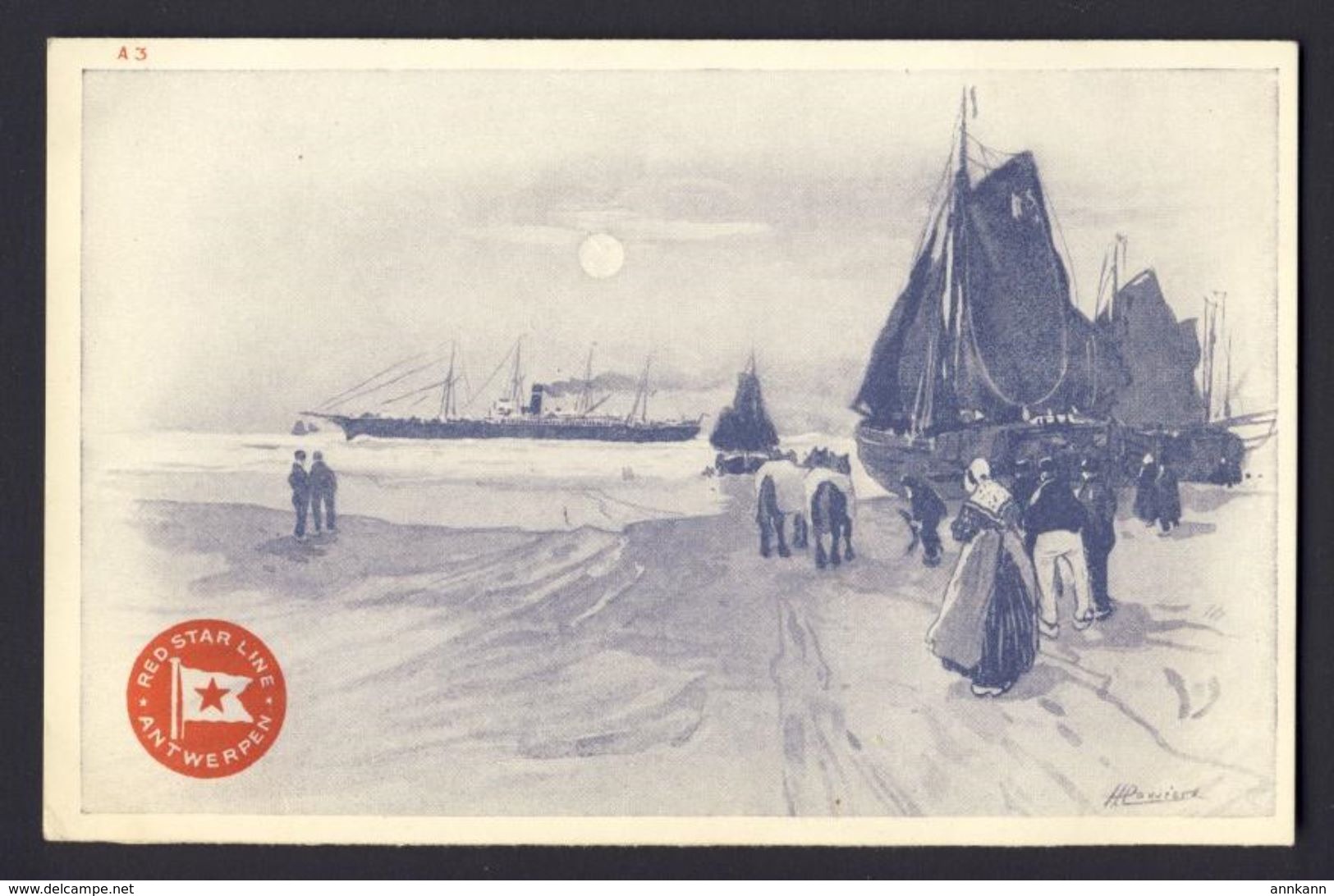 Red Star Line ANTWERP B&W Postcard With Red Star Line Emblem. Artist Signed H CASSIORS. - Paquebots