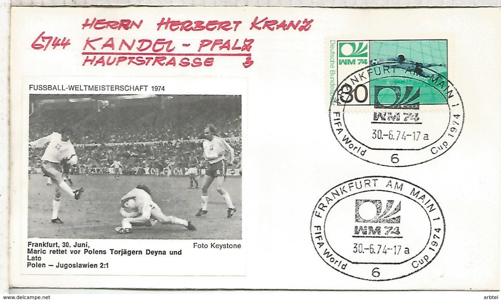 ALEMANIA 1974 FDC FRANKFURT AM MAIN COPA MUNDIAL DE FUTBOL FOOTBALL WORLD CUP - 1974 – Alemania Occidental