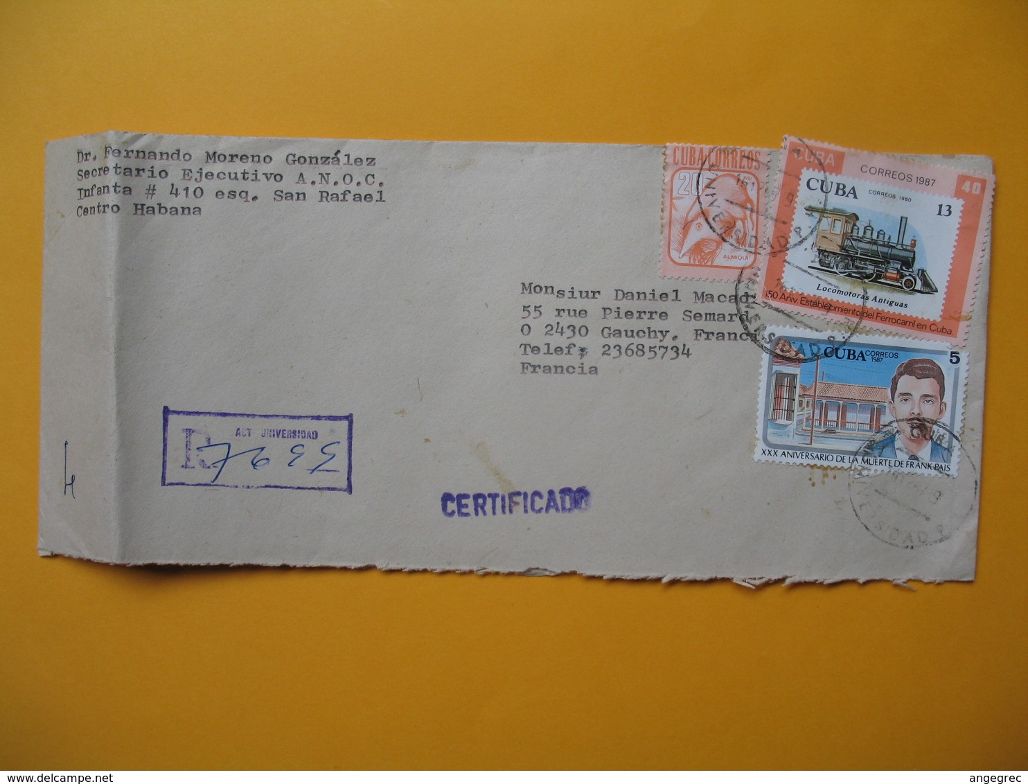 Lettre  Cuba 1988  En Recommandé  De Cuba Universidad  Pour La France - Covers & Documents