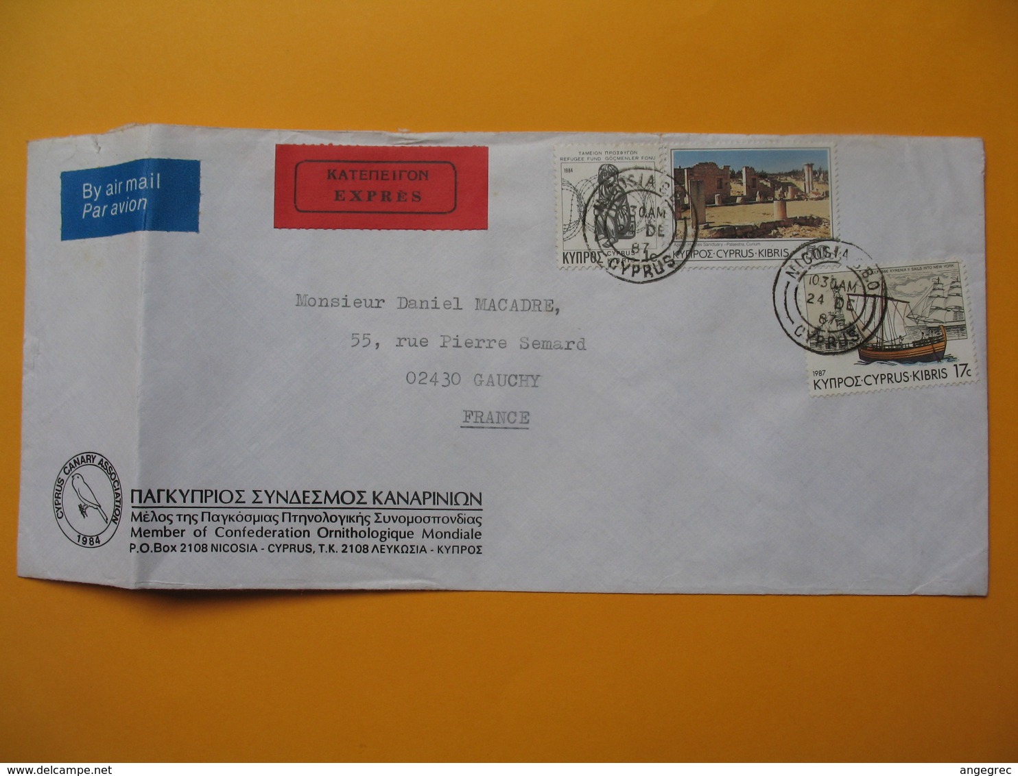 Lettre  Chypre - Cyprus  Canary Association  1984  En Exprès Par  Avion  Pour La France - Autres & Non Classés