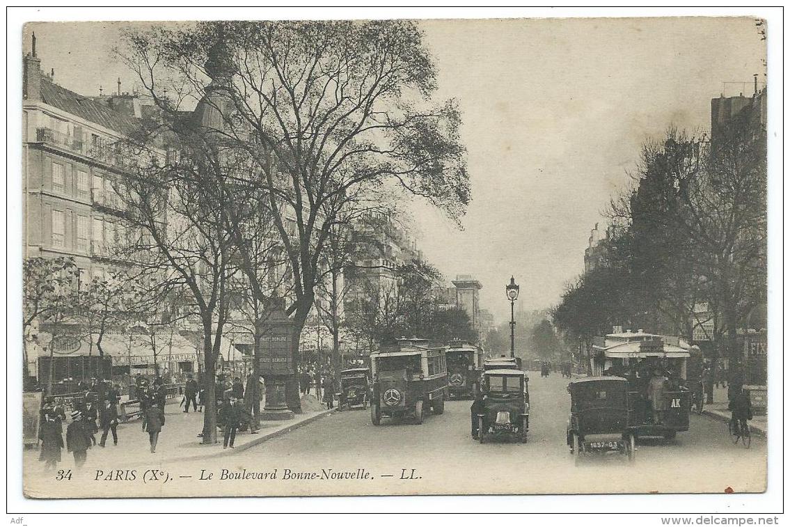 CPA TRES ANIMEE PARIS, GROSSE ANIMATION, LE BOULEVARD BONNE NOUVELLE, BUS AUTOBUS, CAR AUTOCAR MERCEDES, PARIS 75 - Arrondissement: 10