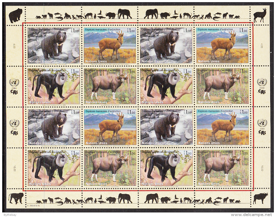 United Nations Geneva 2004 MNH Scott #421a Sheet Of 16 Bear, Deer, Macaque, Gaur - Neufs