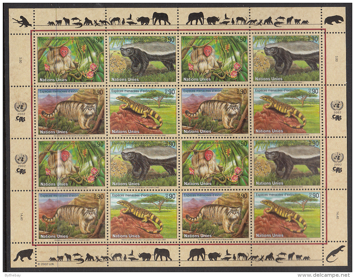 United Nations Geneva 2002 MNH Scott #389a Sheet Of 16 Uakari, Badger, Manul, Monitor - Neufs