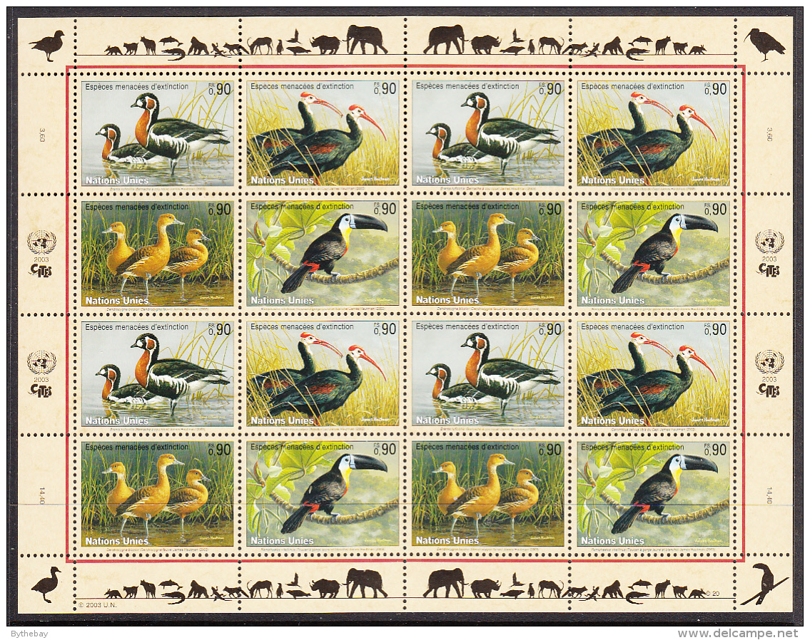 United Nations Geneva 2003 MNH Scott #410a Sheet Of 16 Goose, Ibis, Duck, Toucan - Unused Stamps