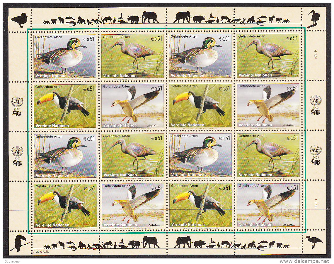 United Nations Vienna 2003 MNH Scott #332a Sheet Of 16 Teal, Ibis, Toucan, Goose - Ungebraucht