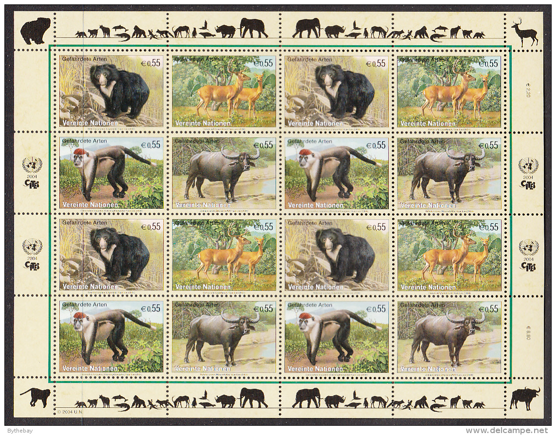 United Nations Vienna 2004 MNH Scott #345a Sheet Of 16 Sloth Bear, Deer, Mangabey, Water Buffalo - Neufs