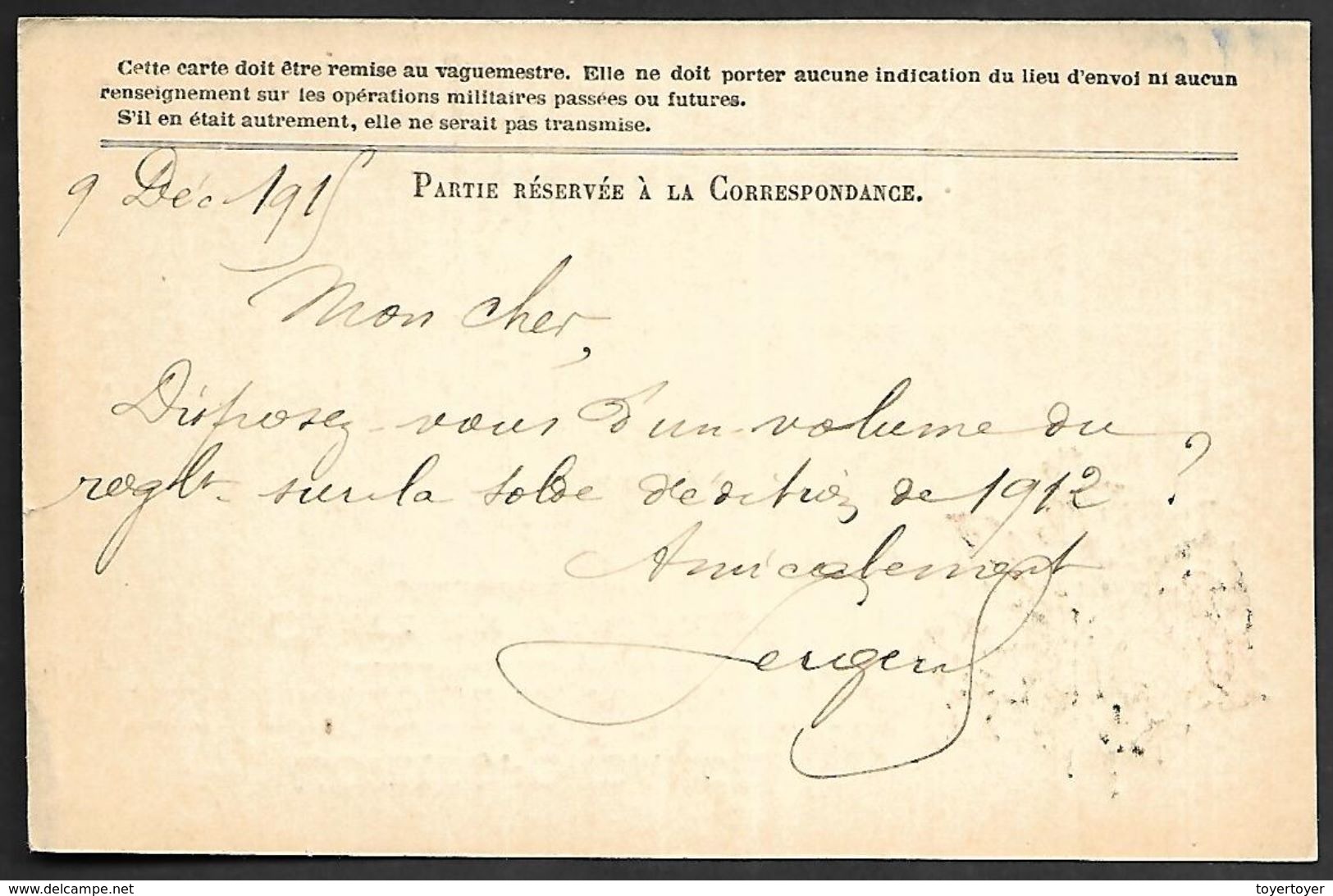 CM 170  Correspondance Militaire 9-12-15 Cachet Trésor Et Postes Simple Cercle N°(SP)152 QG Du 13ème Corps D'Armée - Guerre De 1914-18