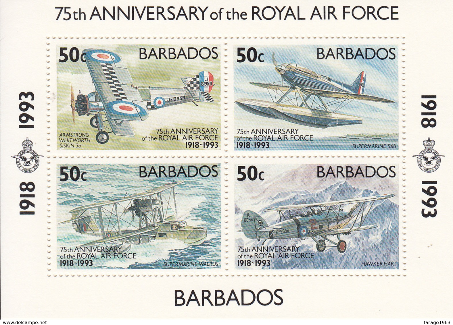 1993 Barbados Royal Airforce Jets Planes Military Complete Set Of 4 + Souvenir Sheet MNH - Barbados (1966-...)