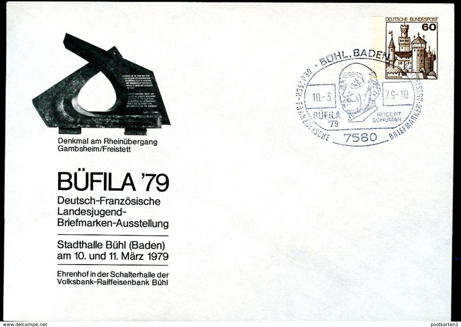 Bund PU114 D2/003 Privat-Umschlag DENKMAL RHEINÜBERGANG Sost. Robert Schuman 1979  NGK 4,00 € - Private Covers - Used