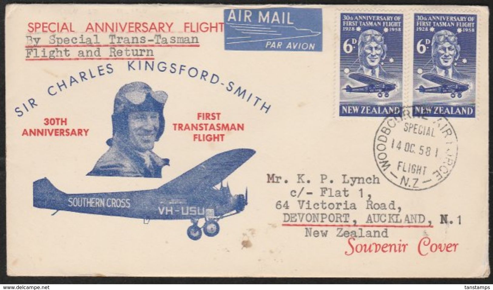 NEW ZEALAND KINGSFORD SMITH WOODBOURNE AIRFORCE FLIGHT - Corréo Aéreo