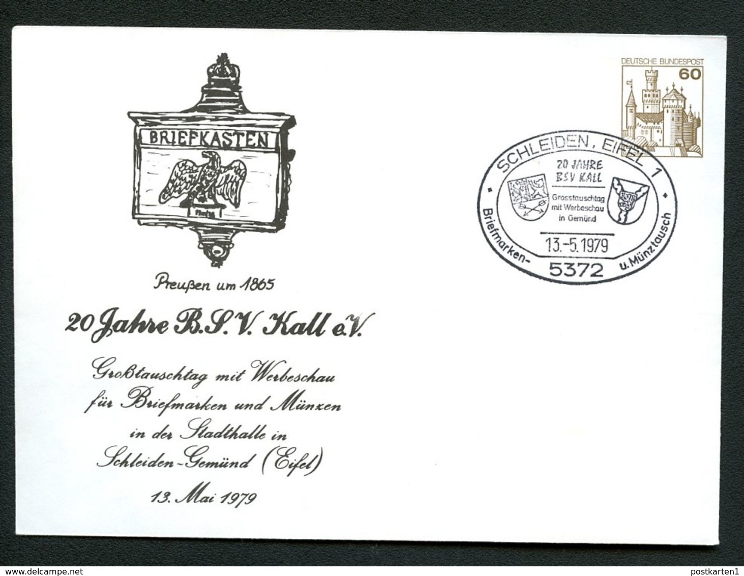 Bund PU114 D2/020 Privat-Umschlag BRIEFKASTEN PREUSSEN 1865 Sost.Schleiden1979 - Post