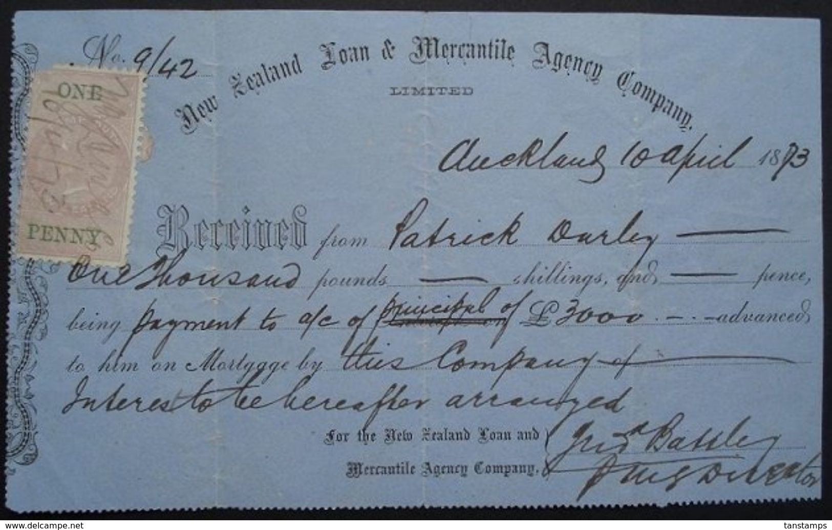 NEW ZEALAND Loan & Mercantile Mortgage Receipt 1873 1d QVLT Revenue - Lettres & Documents