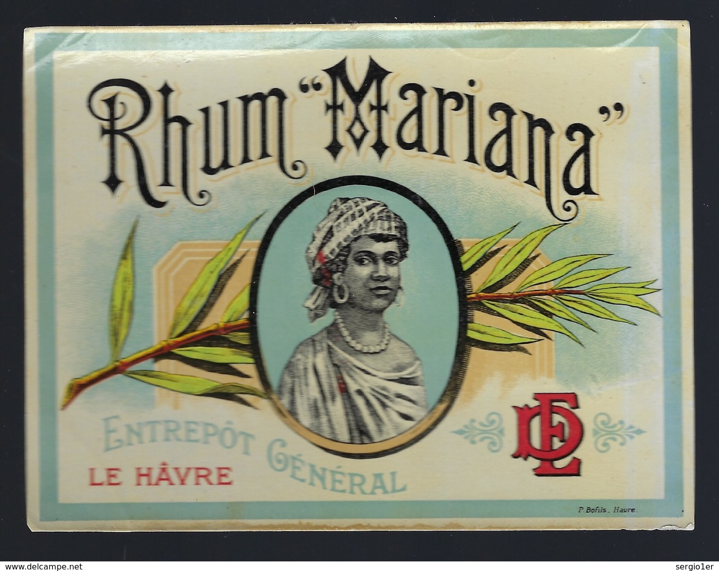 Ancienne étiquette Rhum   Mariana "DE" Zntrepôt Général Le Hâvre étiquette Vernie  "femme Coiffe" Superbe - Rhum