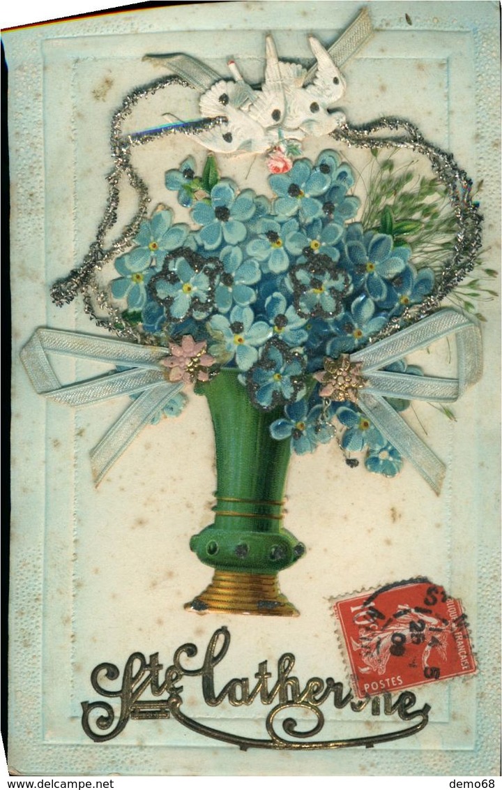 Fantaisie Sainte Catherine Superbe Découpis Vase Fleurs Ruban Colombes Carte Pionnière 1908 - Met Mechanische Systemen