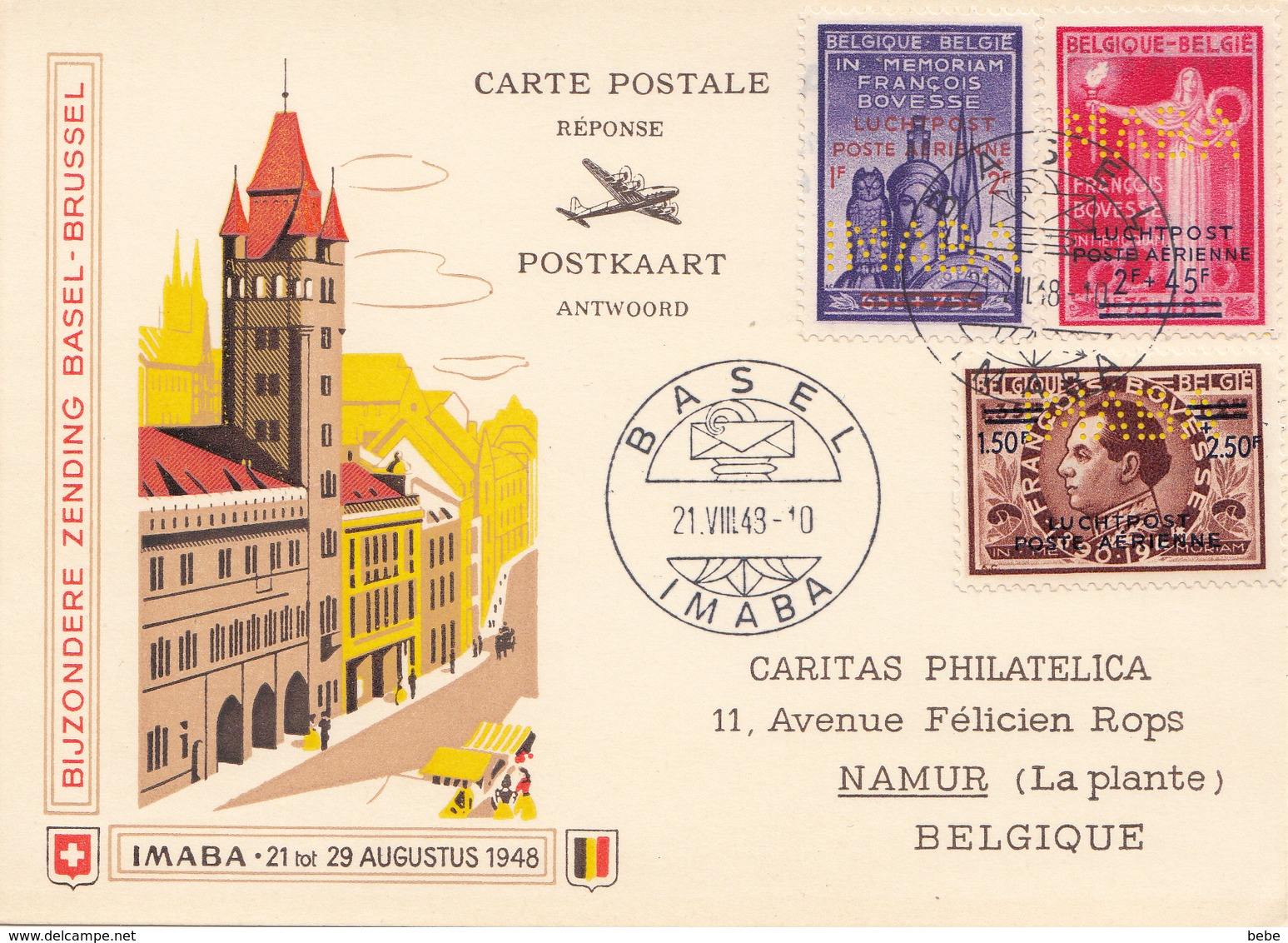 POSTE AÉRIENNE COURRIER SPÉCIAL BRUXELLES-BALE TIMBRES  PERFORE CARTE RÉPONSE PAYER/REPONSE 21-8-1948 - Autres & Non Classés