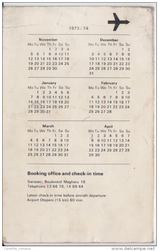 Kunstler, Illustrateur - Swissair - Swiss Airline - Timetable - Bucharest, Bucuresti Edition - 1973 1974 - Europa