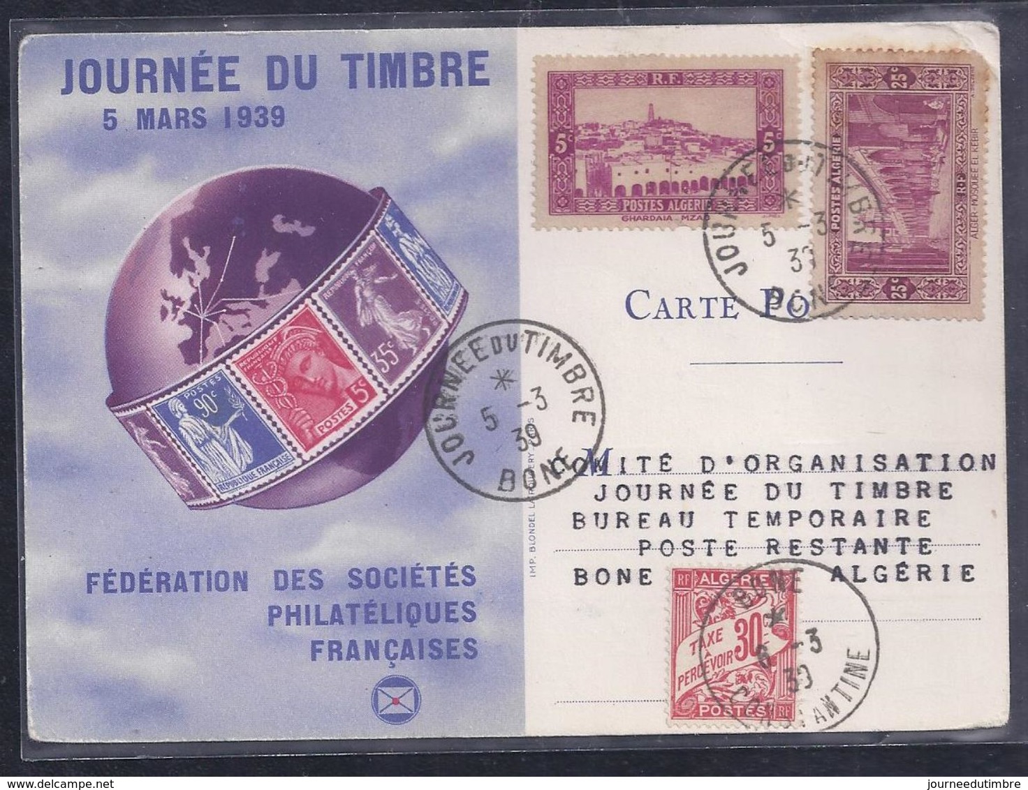 Carte Federale  Journee Du Timbre 1939 Bone Taxe - Lettres & Documents