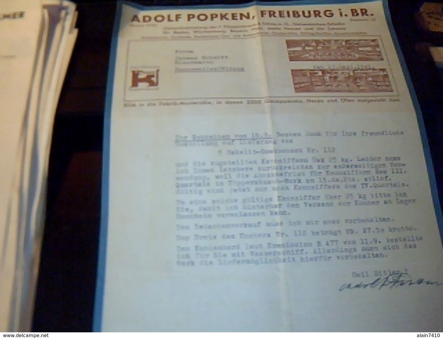 Facture  D Allemagne Lettre A Entete Du Reich Alemand Entreprise  ADOLF POPKEN A Fribourg 17/08/1941 Ecrite En Allemand - Sonstige & Ohne Zuordnung