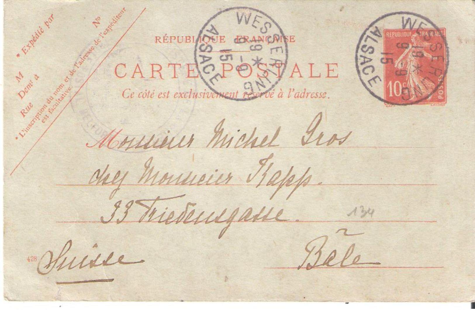 Cachet Provisoire D'Alsace Lorraine WESSERLING ALSACE - 1877-1920: Semi Modern Period