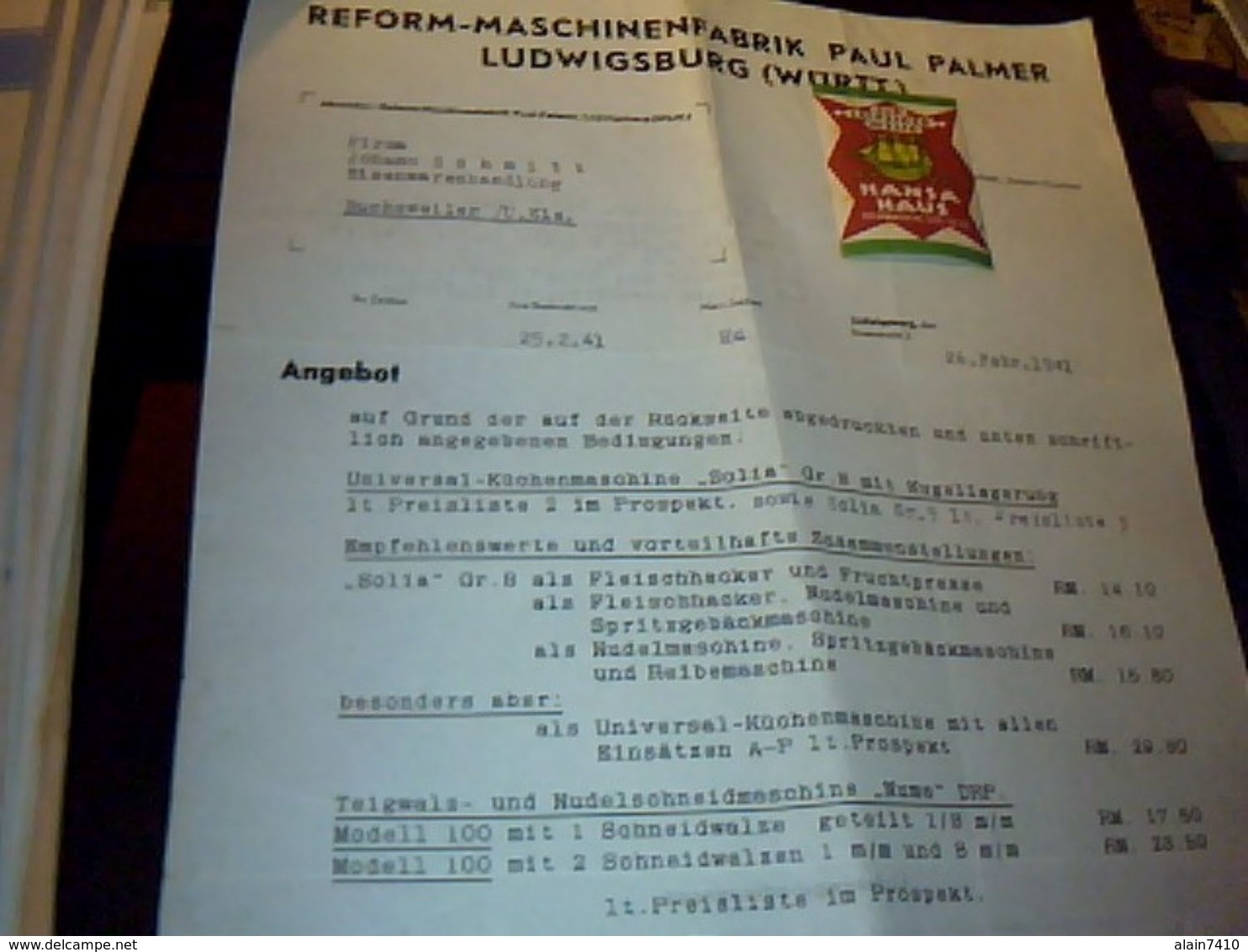 Facture  D Allemagne  A Entete  Refom Maschinen Fabrik Paul Palmer A Ludwisburg  Wurtt 26/02/1941 Ecrite En Allemand - Other & Unclassified